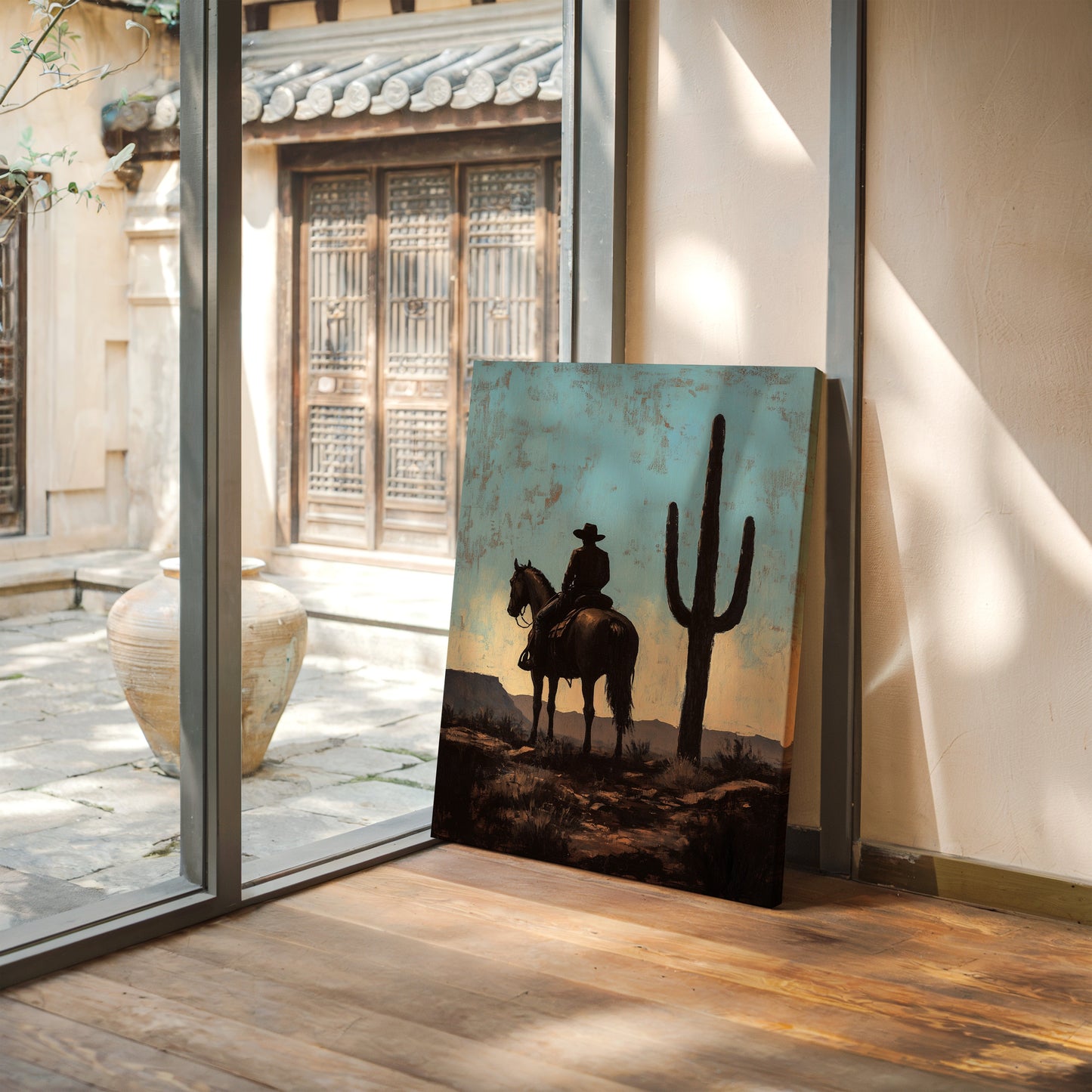Cavalier et Saguaro au crépuscule