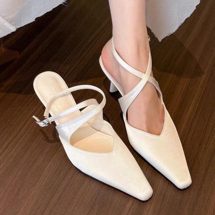 Women French Pointed Toe High Heels, Cross Strap Stiletto Closed Toe Sandals, Luxury Satin Fashion Pumps