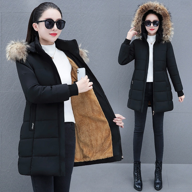 Detachable Hooded Mid-Length Padded Coat With A Big Fur Collar