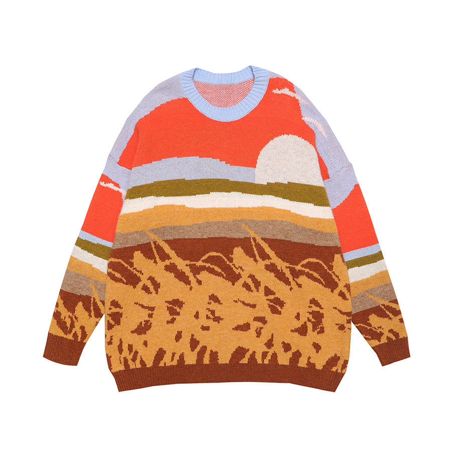 Pull en tricot motif scène agricole