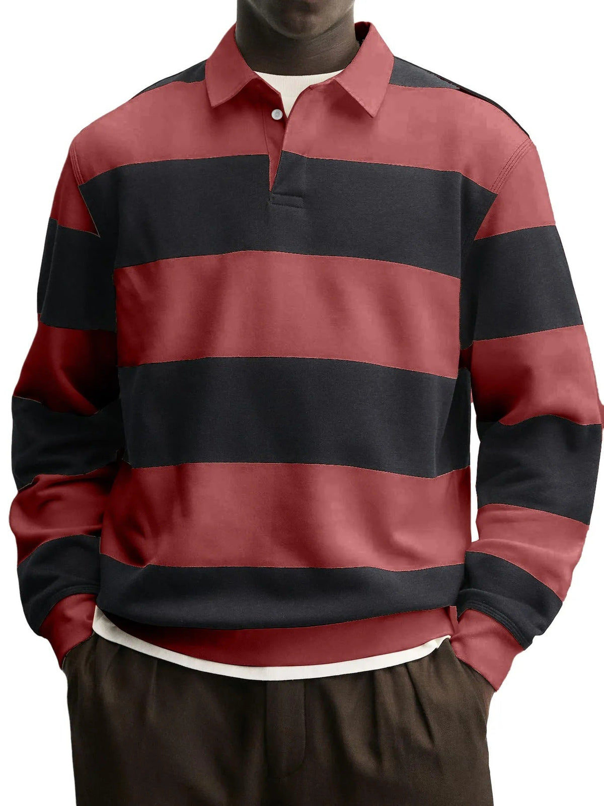 Mens Loose-collar Long-sleeved Striped T-shirt
