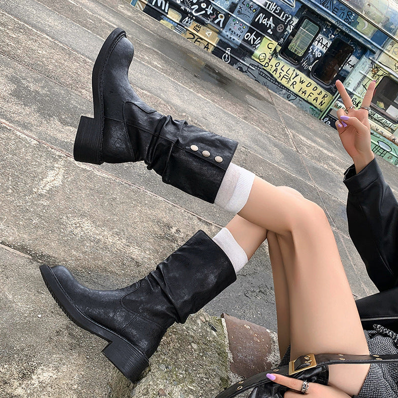 Retro Versatile Western Boots Chunky Heel Boots Mid-calf Long Boots
