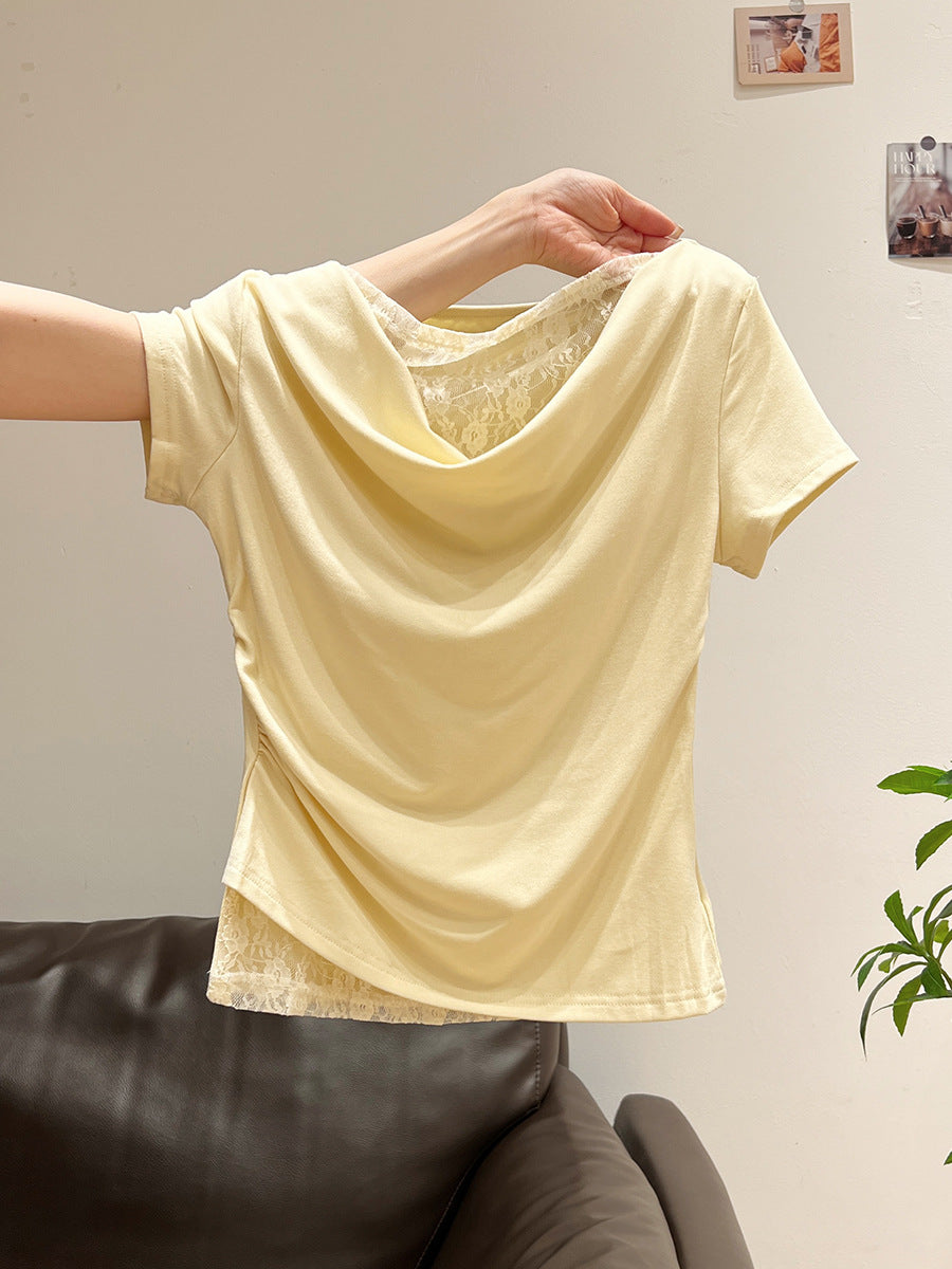Korean Style Lace Stitching Swing Collar Off-shoulder Short Sleeve T-shirt
