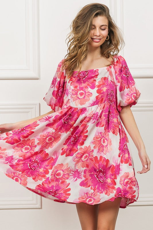 New Summer Floral Square Neck Puff Sleeve Mini Dress For Women, Vintage-Inspired Charm, Romantic Floral Print, Feminine Puff Sleeves for Casual & Dressy Occasions