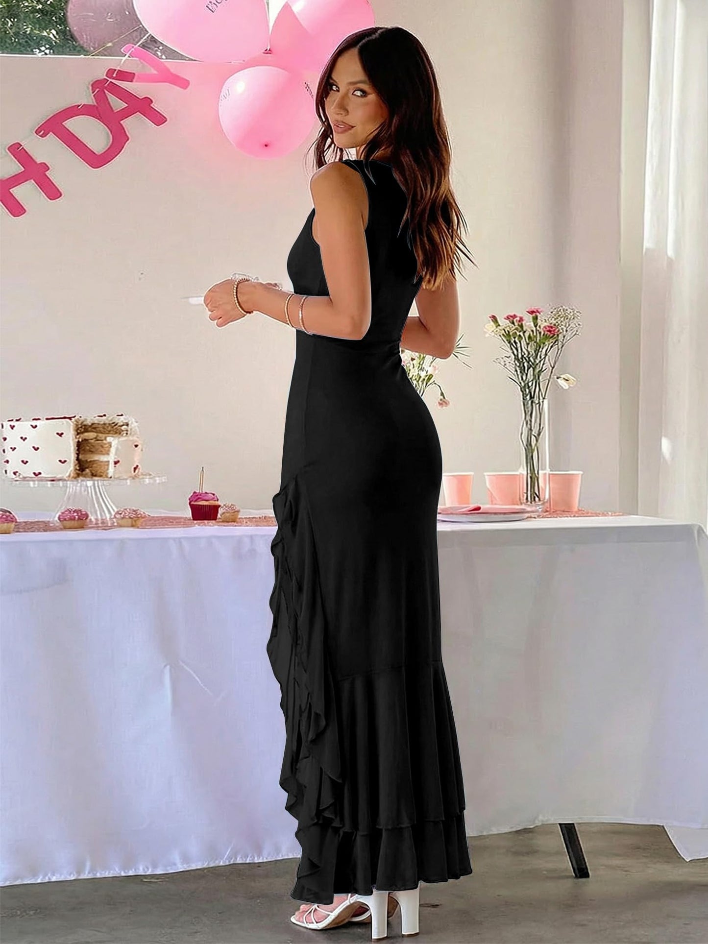 BORIFLORS Women's Elegant Bodycon Ruched Maxi Cocktail Dress Mesh Sleeveless Mermaid Ruffle Beach Wedding Guest Long Dresses