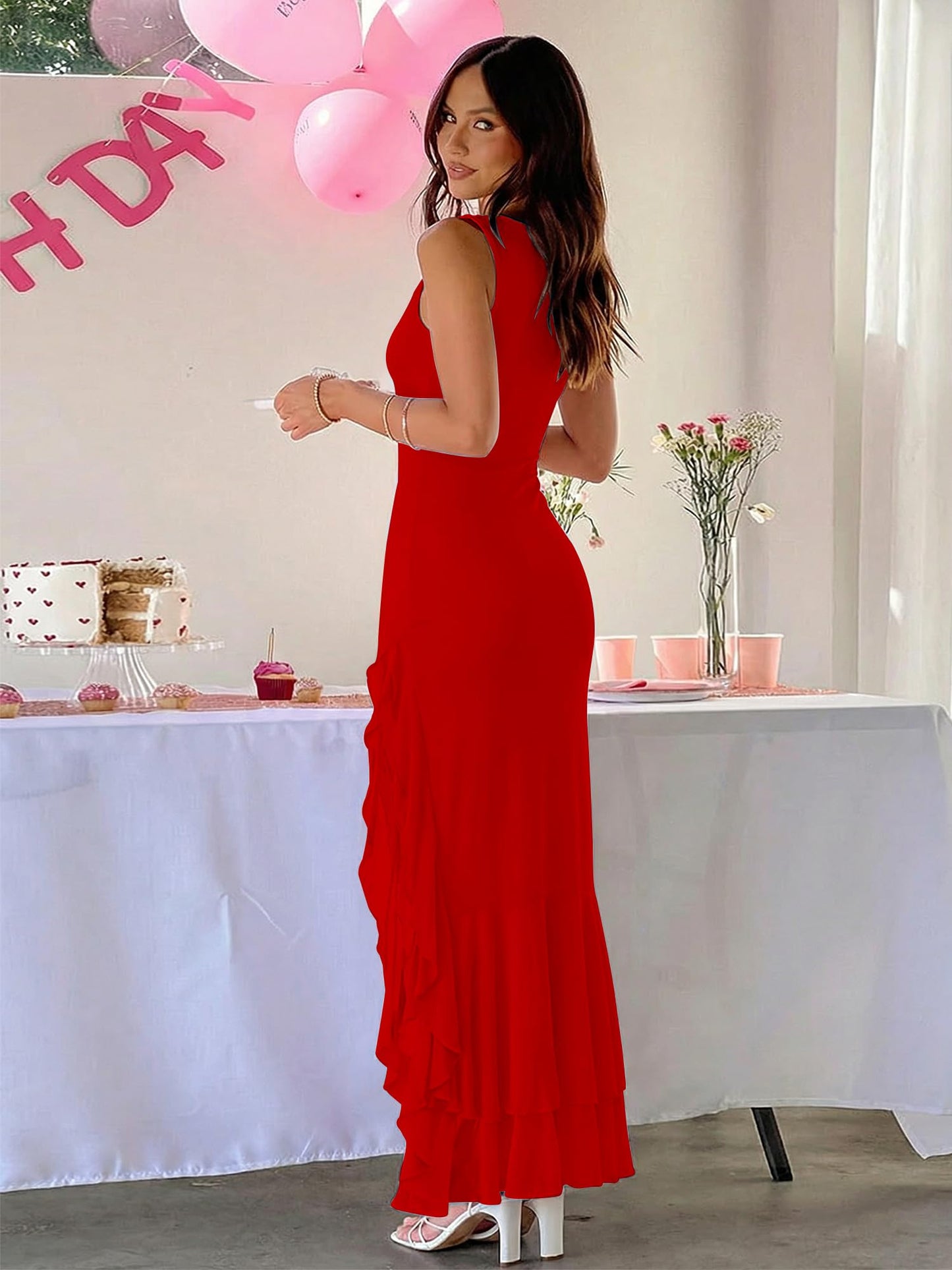 BORIFLORS Women's Elegant Bodycon Ruched Maxi Cocktail Dress Mesh Sleeveless Mermaid Ruffle Beach Wedding Guest Long Dresses
