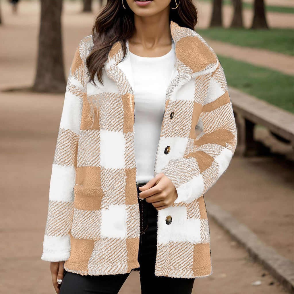 Women's Plaid Plush Button-Front Coat with Pockets