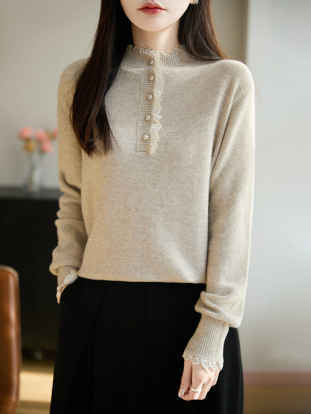 Womens Lace Mock Neck Base Layer Top