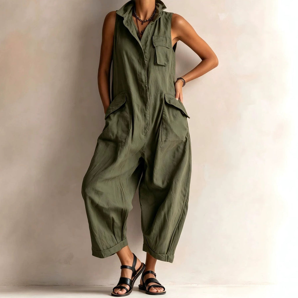 Women's Cotton Sleeveless Cargo Jumpsuit – Wide Leg Multi-Pocket