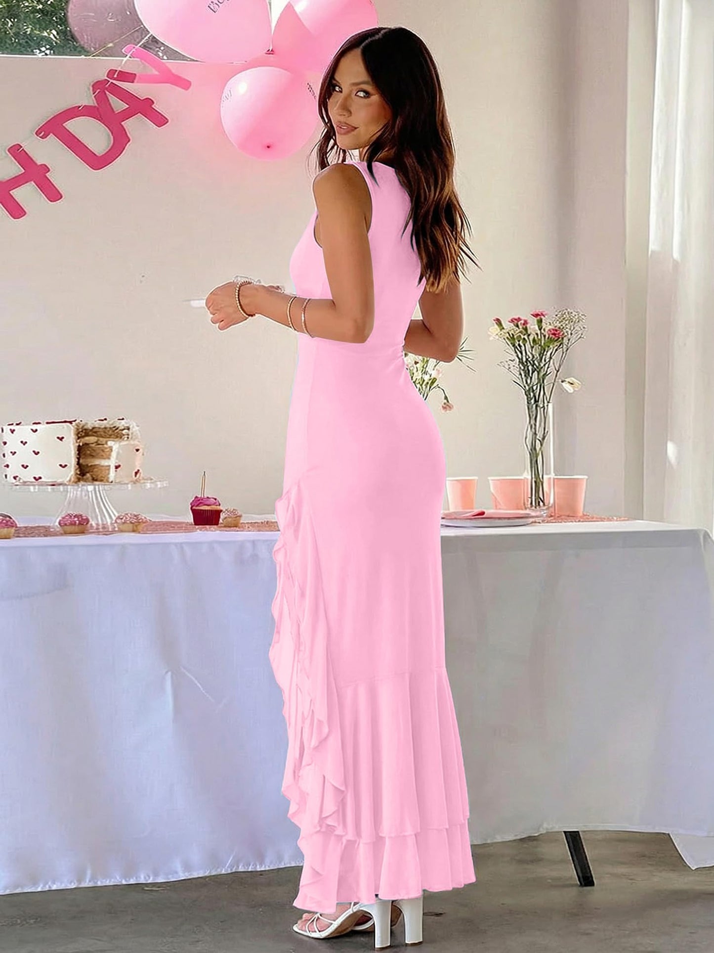 BORIFLORS Women's Elegant Bodycon Ruched Maxi Cocktail Dress Mesh Sleeveless Mermaid Ruffle Beach Wedding Guest Long Dresses
