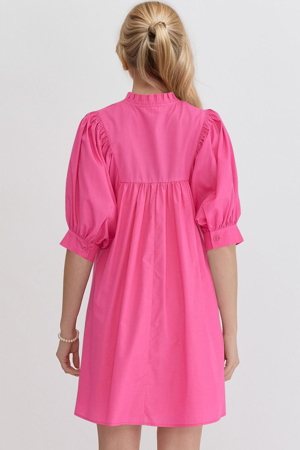 Pink Puff Sleeve Mini Dress Casual and Feminine Dress for Women Simple Classic Summer Dress