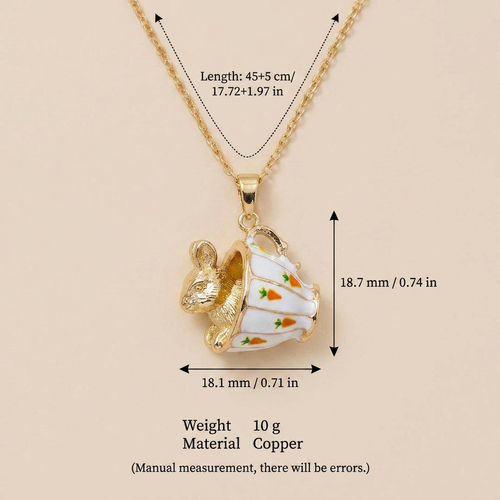 Golden Pendant Necklace In The Shape Of A Teacup Rabbit