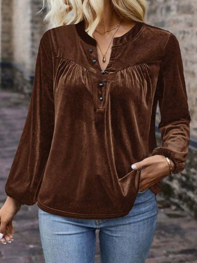Elegant Long Sleeve Top For Spring & Fall  Women's Casual Chic Solid Color Pullover V-Neck Button