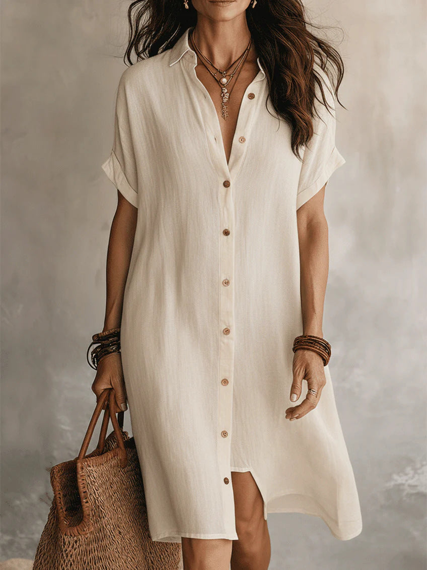 Women's Buttoned Midi Shirt Dress – Short Sleeve Cotton Linen
