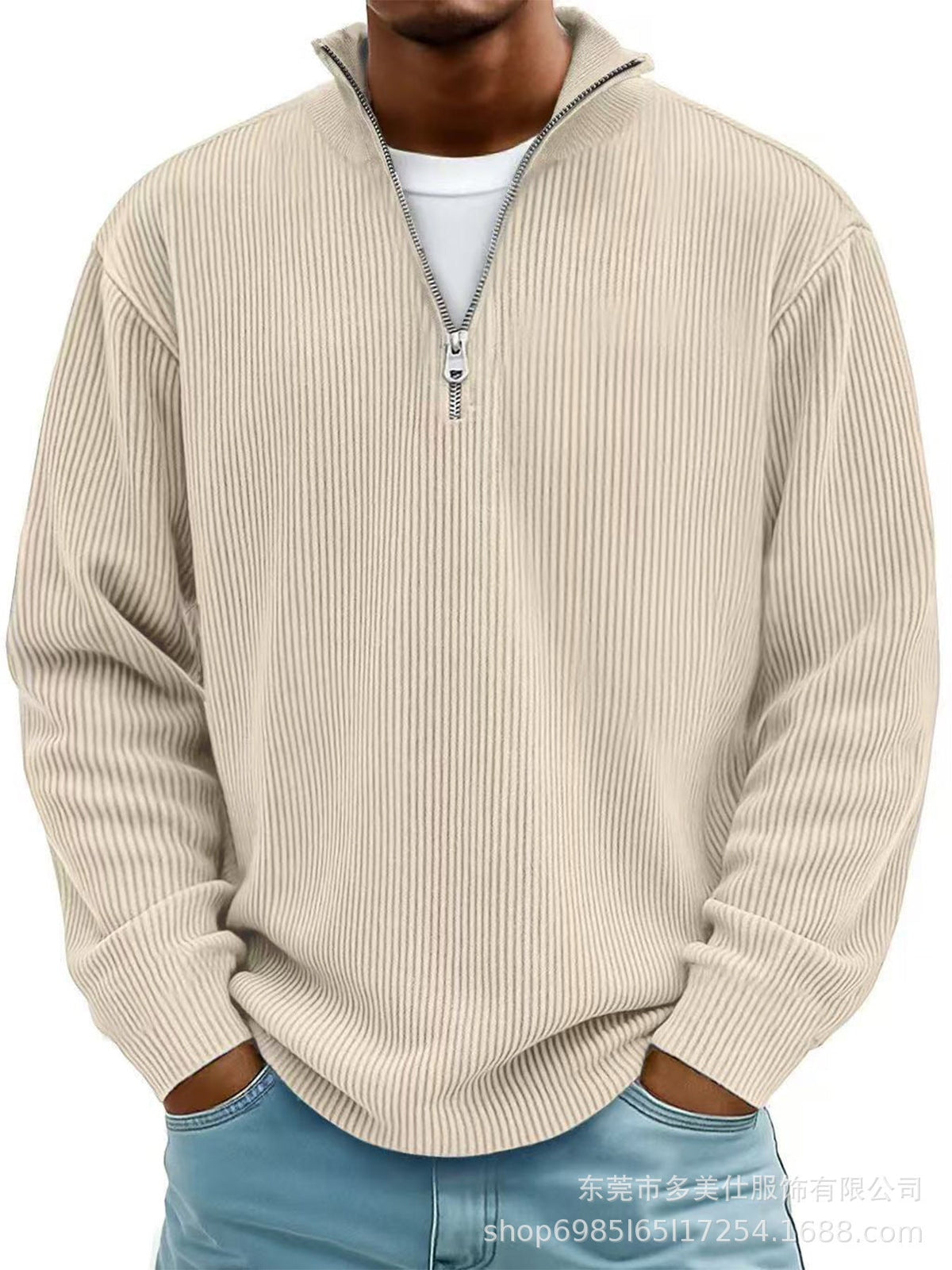 Autumn And Winter New Men's Casual Stand-Up Collar Zipper Corduroy Long-Sleeved Men's Polo Shirt Sweatshirt