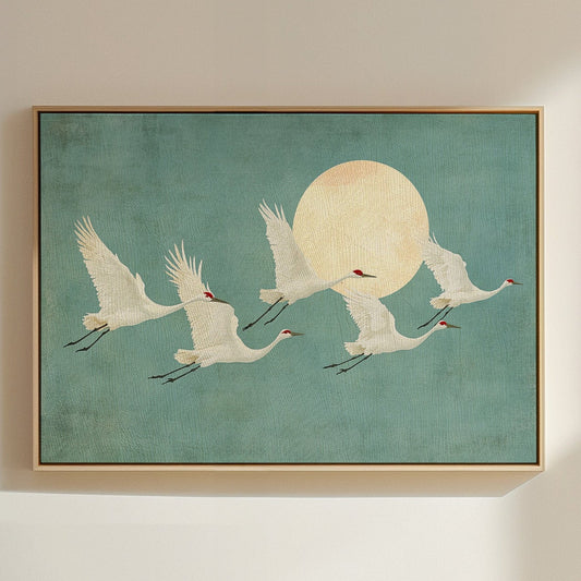 Art mural grue japonaise – Impression minimaliste grue bleue et or