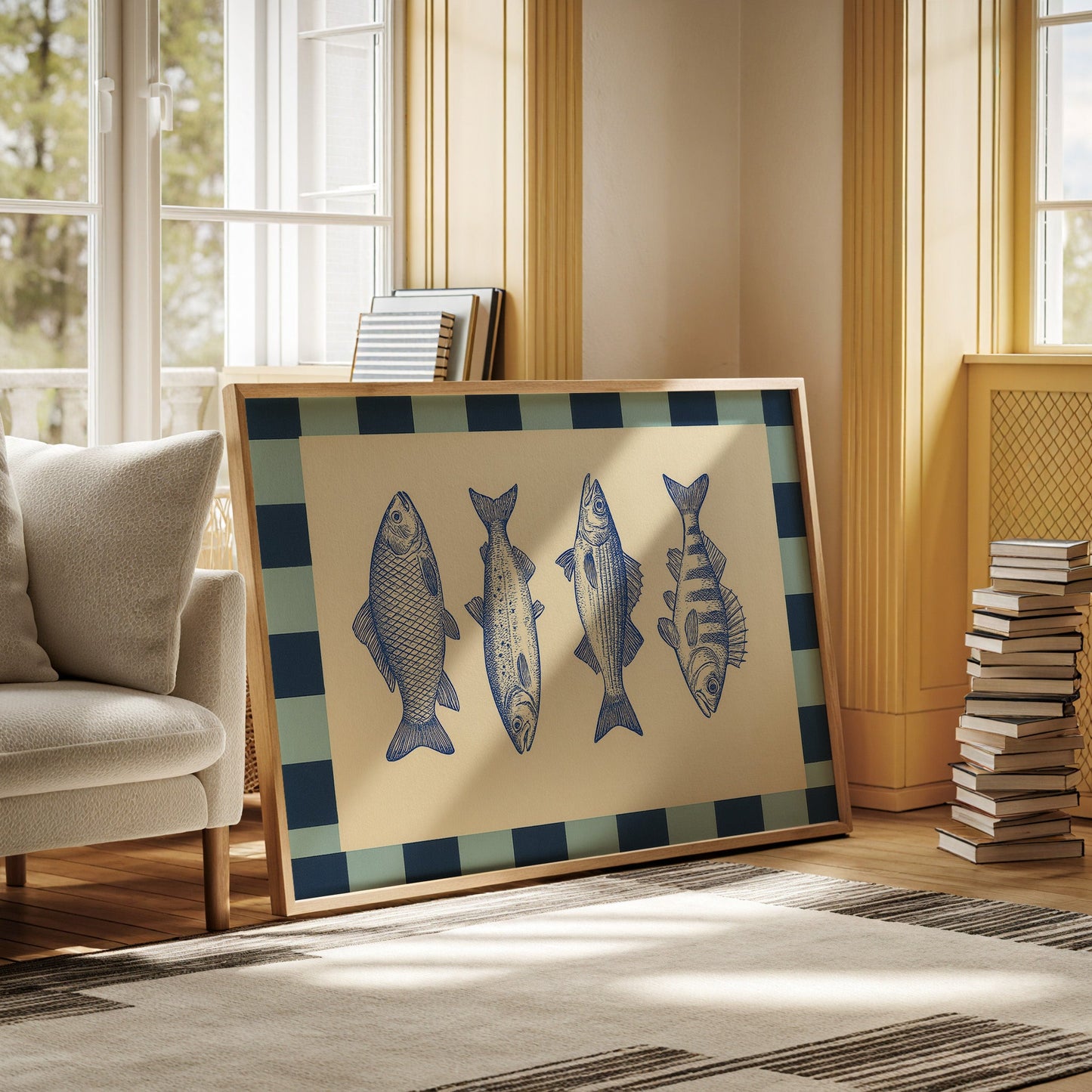 Quatuor de poissons vintage sur un damier bleu