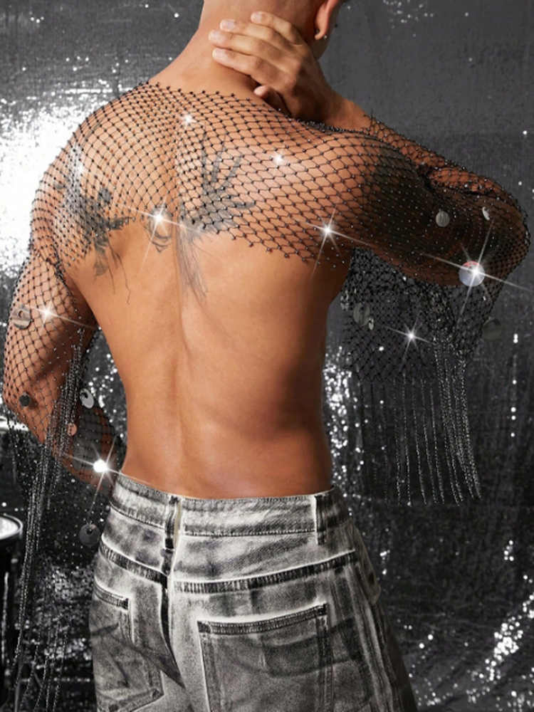 Men's Transparent HollowOut Top Men's Mesh TShirt With Openwork Design Glittering Rhinestone And Sequin Fishnet Vest