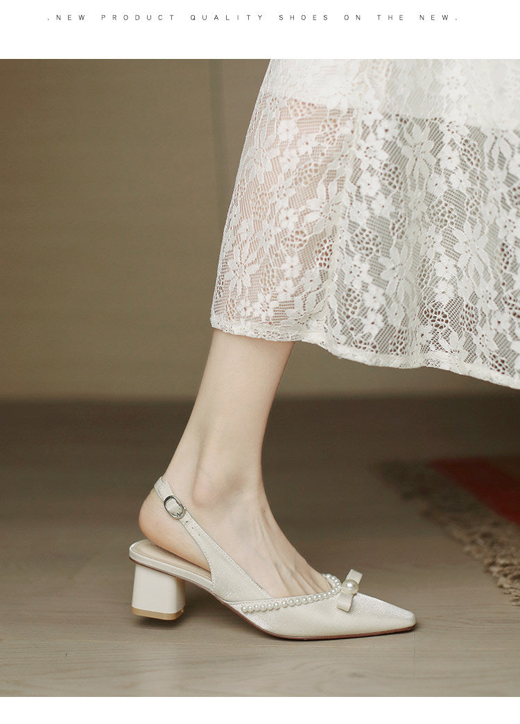 Women Block Heel Closed Toe Sandals, 2026 Summer New Fashion Square Toe Back Strap Pearl Fairy Style High Heel Pumps
