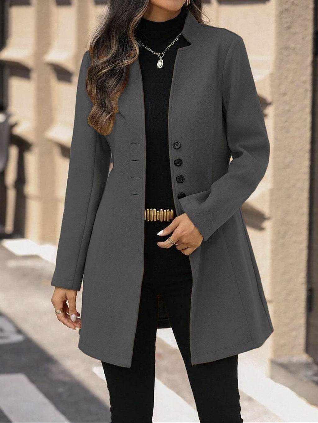 Elegant Wool Stand-collar Trench Coat Mid-length Style For Women