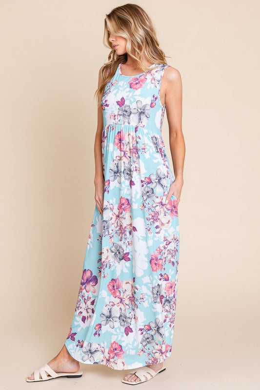 New Floral Round Neck Sleeveless Maxi Dress with Pockets For Women – Elegant Floral Print Dress with Flowing Silhouette and Functional Pockets
