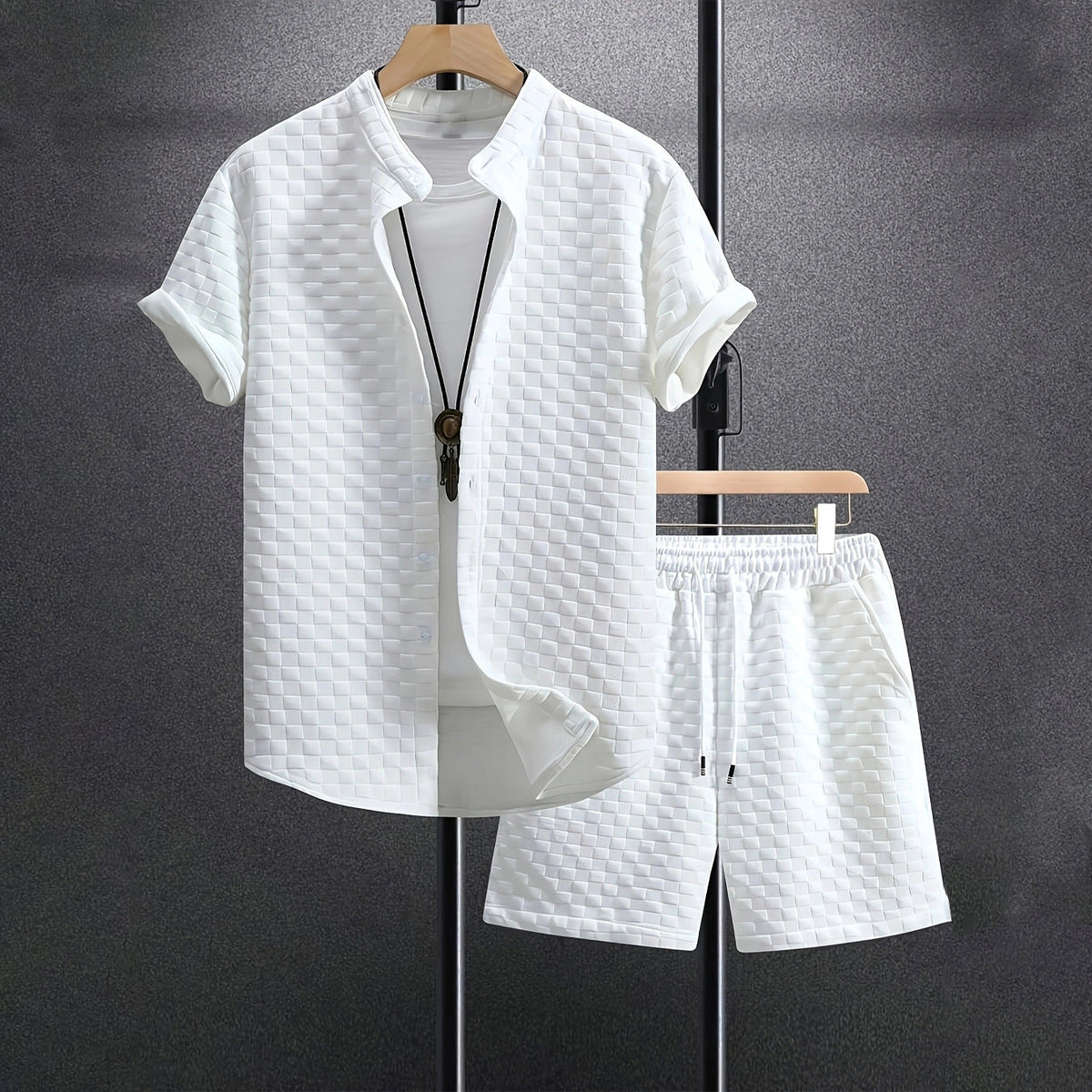 Men's Jacquard Casual Short Sleeve Shirt Outfit