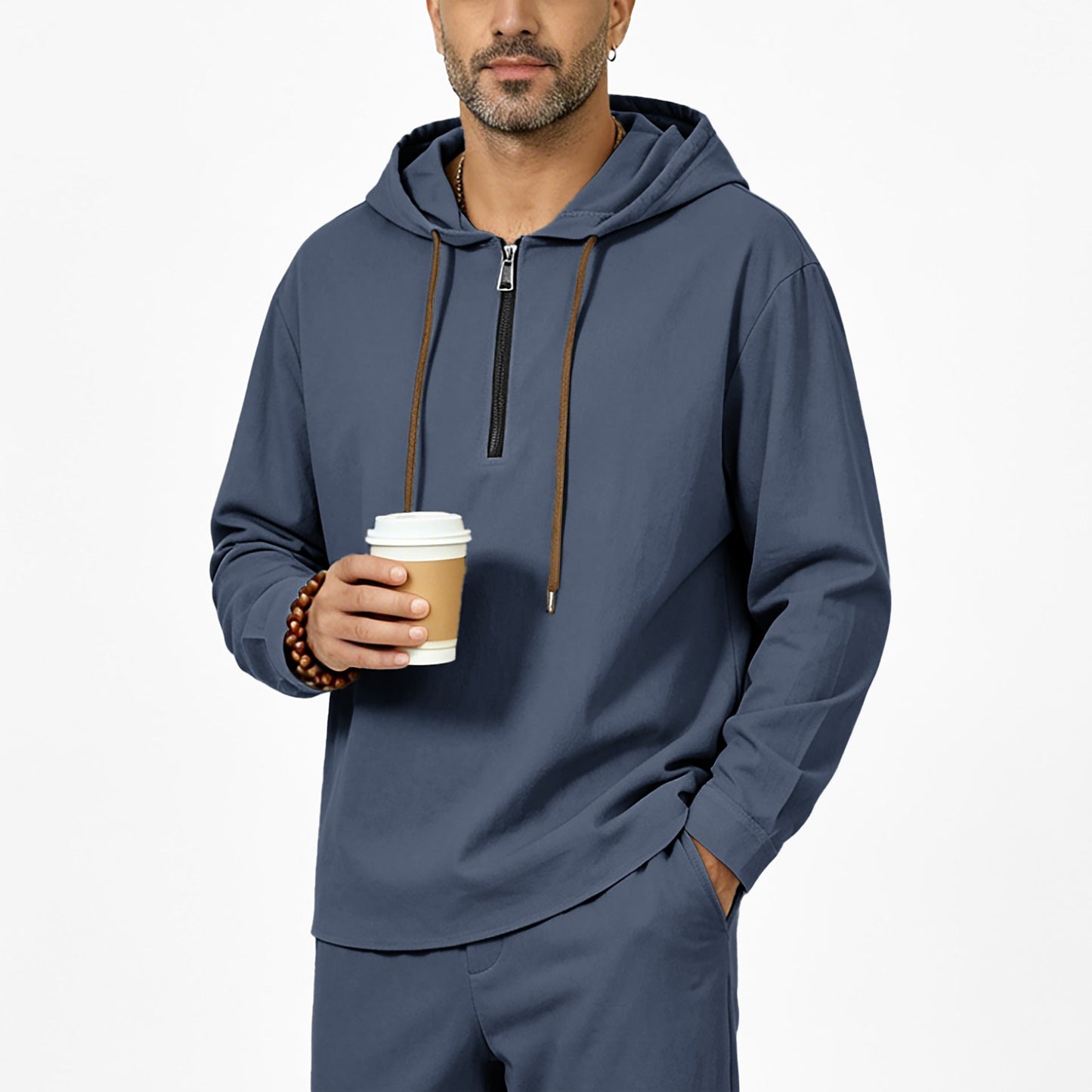 Mens Linen Hooded Half-Zip Sweatshirt