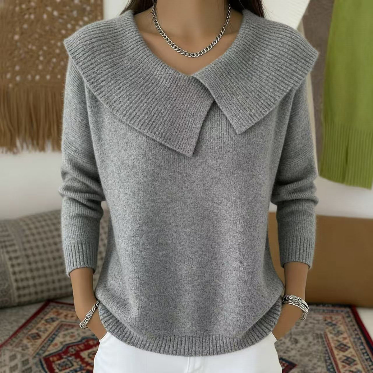 Women's Autumn  Winter New Arrival  Chic Oversized Sweater, Korean Retro Collared Knit Top, Slimming & Versatile