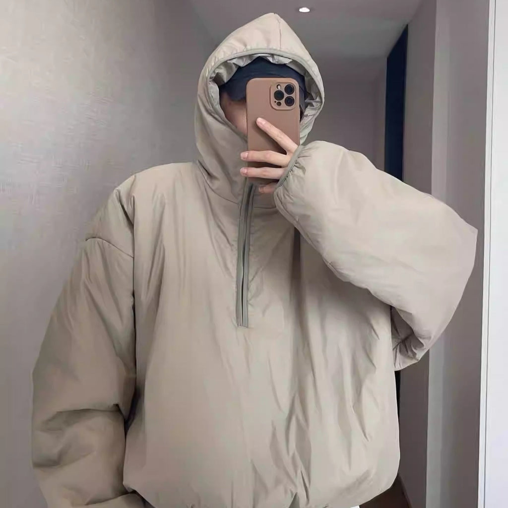 Retro Warm Half-Zip Loose Short Hooded Cotton Jacket