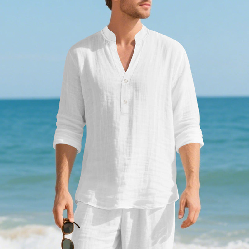 Autumn Linen Men's Long-Sleeve T-Shirt With Stand Collar And Buttons