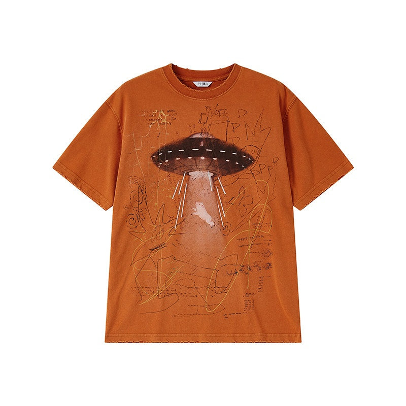 Orange Short-Sleeve T-Shirt With A Flying Saucer And Piglet Print