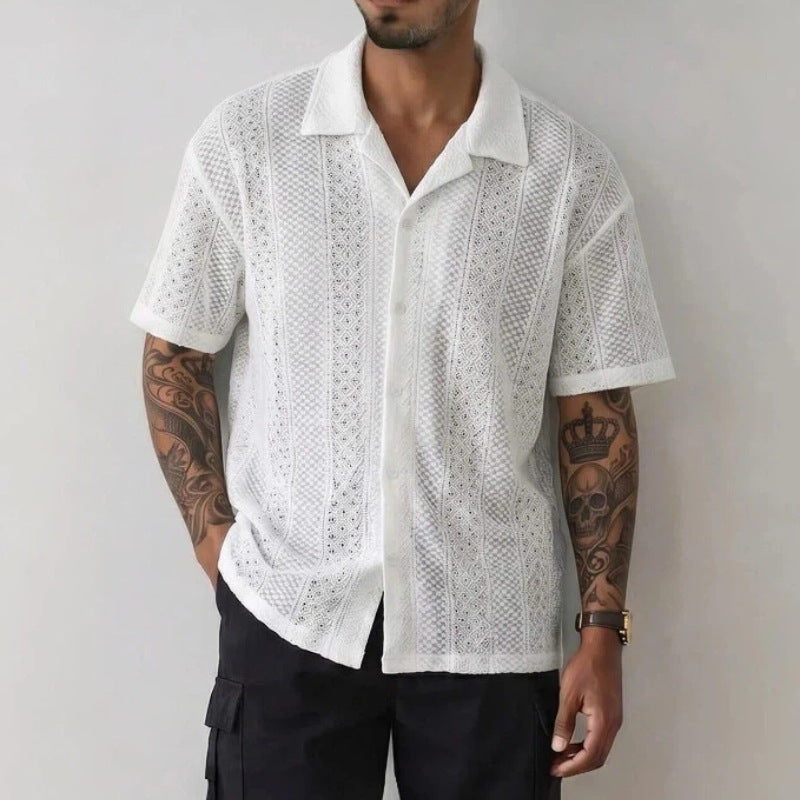 Old Money Style Cuban Collar Hollow Out Knitted Short Sleeve Shirt