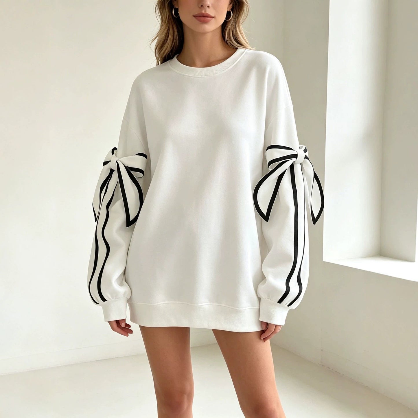 Fashion Casual Bow Round Neck Long Sleeve Sweater For Women