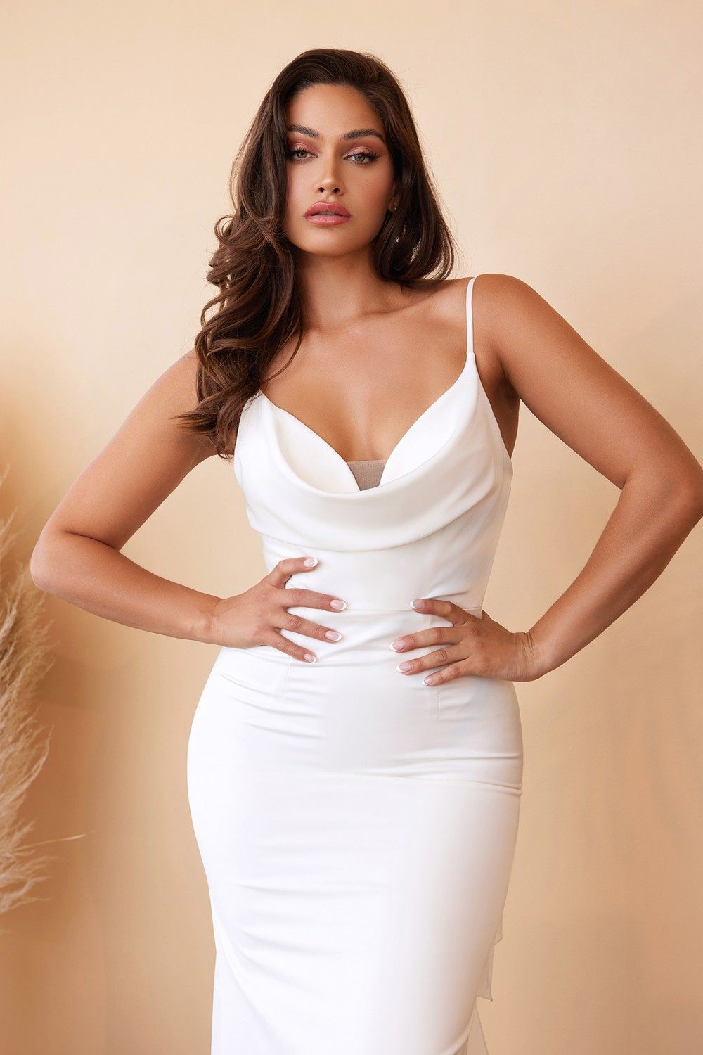Cinderella Divine 7487W Fitted Satin Dress Cowl Neckline Open Tie Back