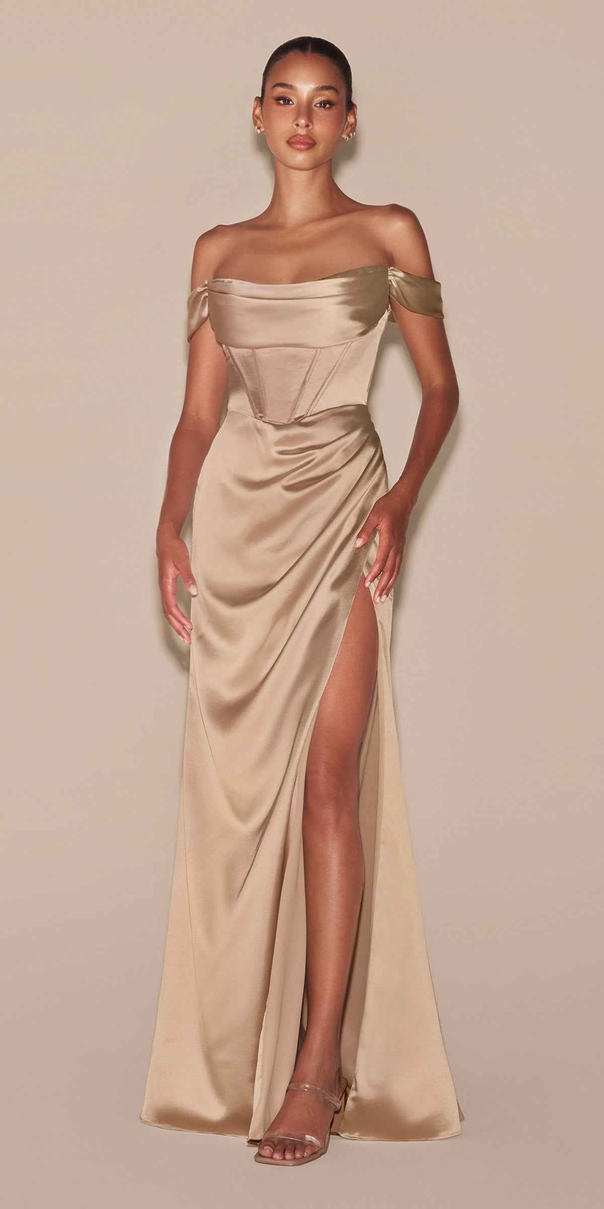 Cinderella Divine 7492C Satin Off the Shoulder Corset Satin Gown