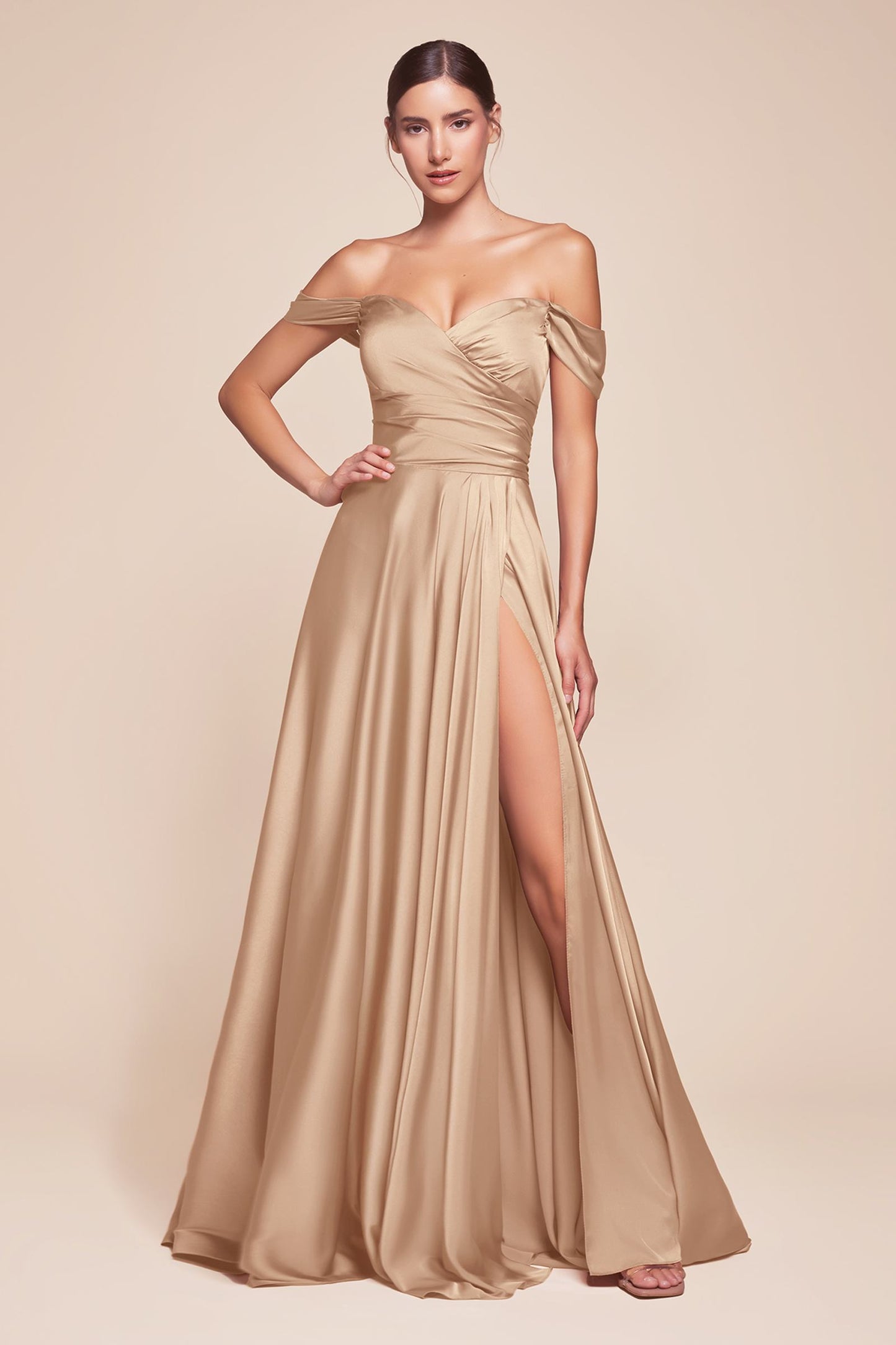 Cinderella Divine 7493C Long Plus Size A-Line Off the Shoulder Satin Dress