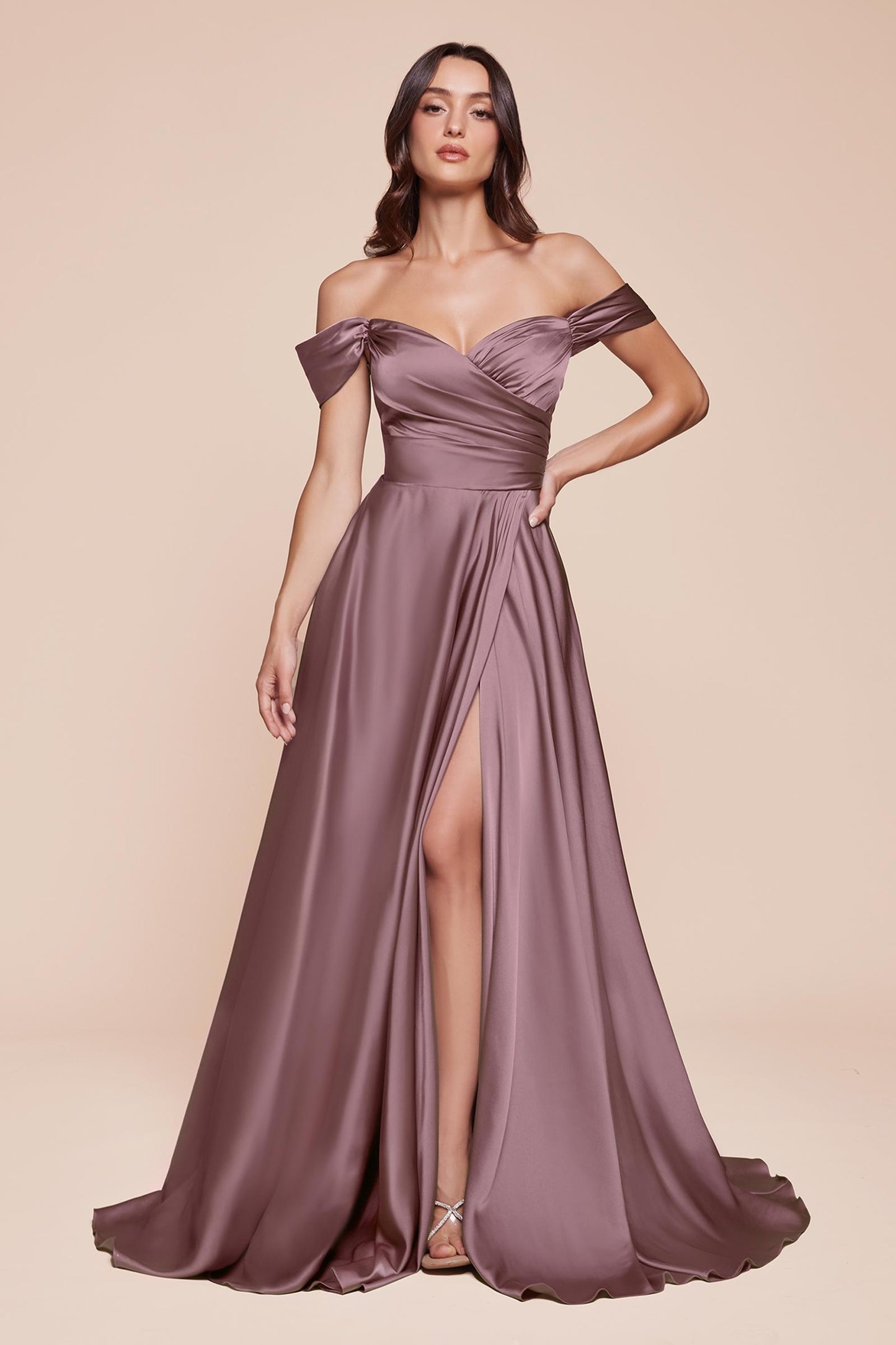Cinderella Divine 7493C Long Plus Size A-Line Off the Shoulder Satin Dress