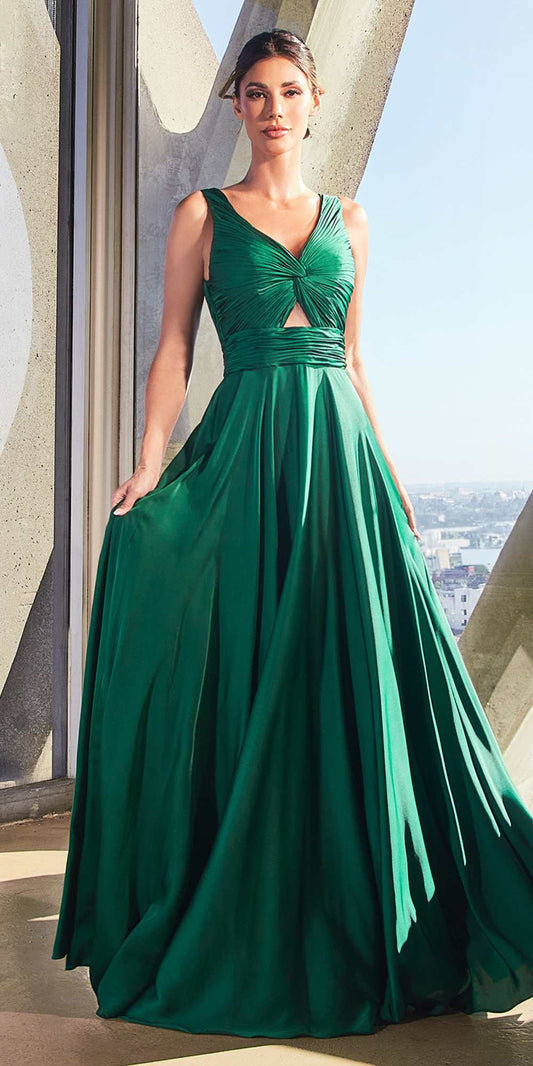 Ladivine 7497 Long A-Line Satin Keyhole Twisted Bodice Formal Gown