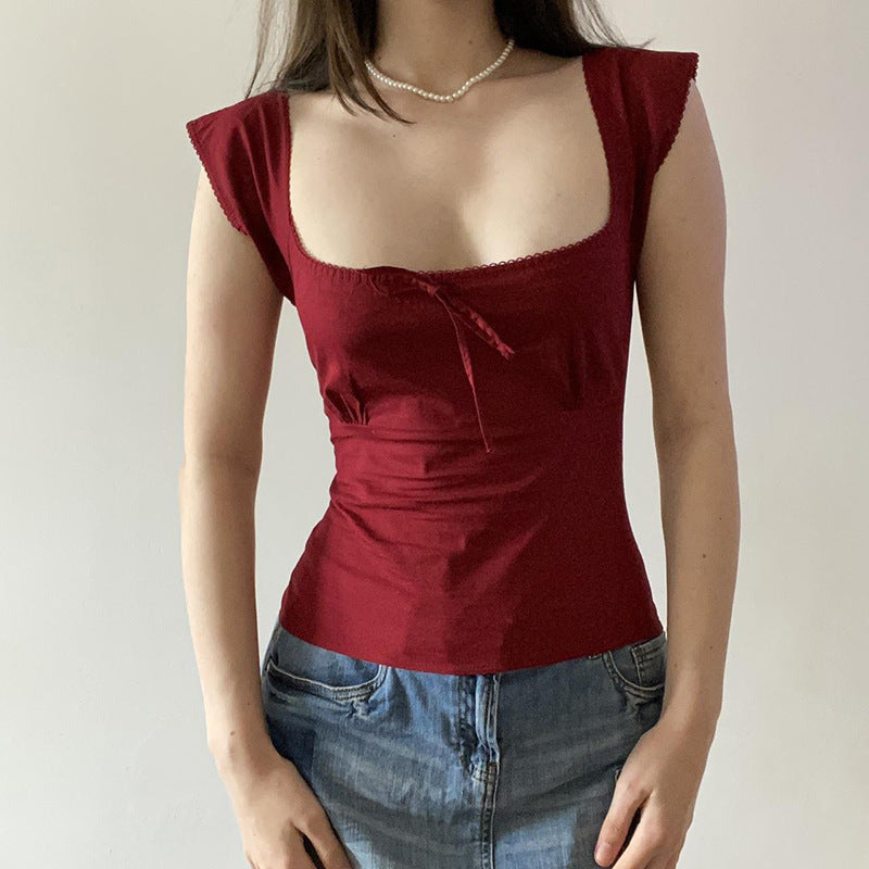 Women's Lace Up Square Neck Slimming Short Sleeve Top