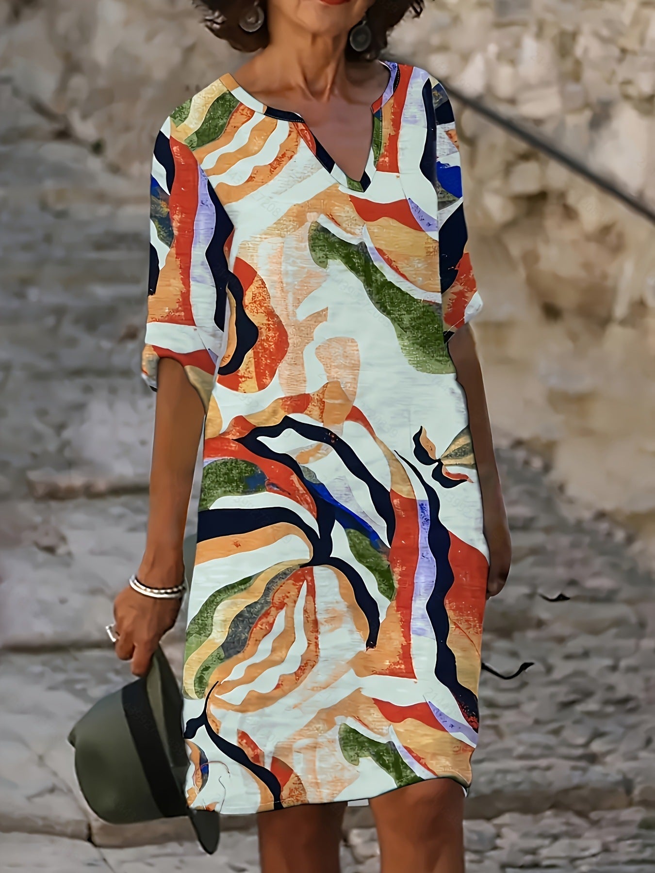 Womens Casual Relaxed-fit Elegant V-neck Dress