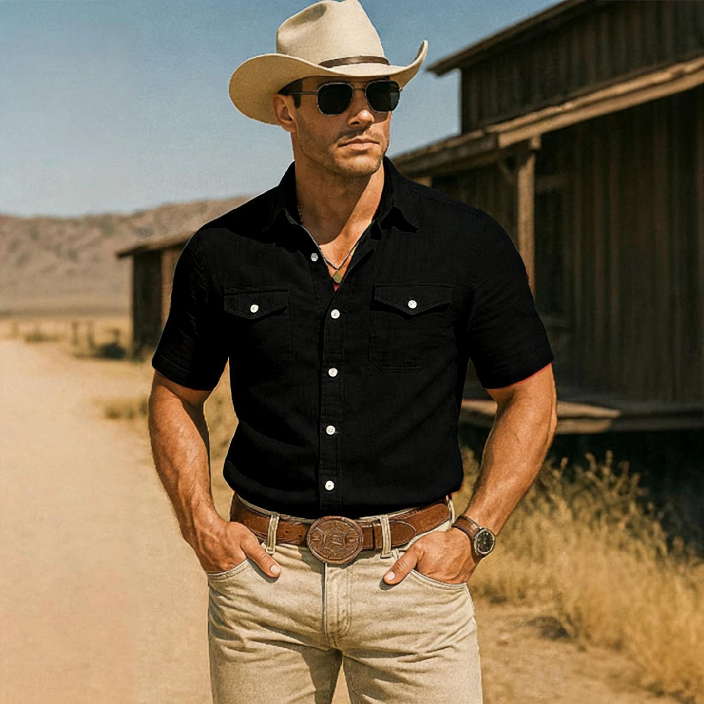 Mens Lapel-Neck Pocket Casual Short-Sleeve Shirt