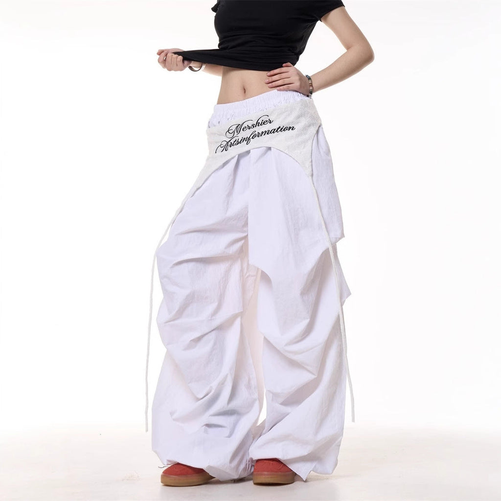 Womens Relaxed Casual American-style Layered Design Cargo Pants With Tie Details