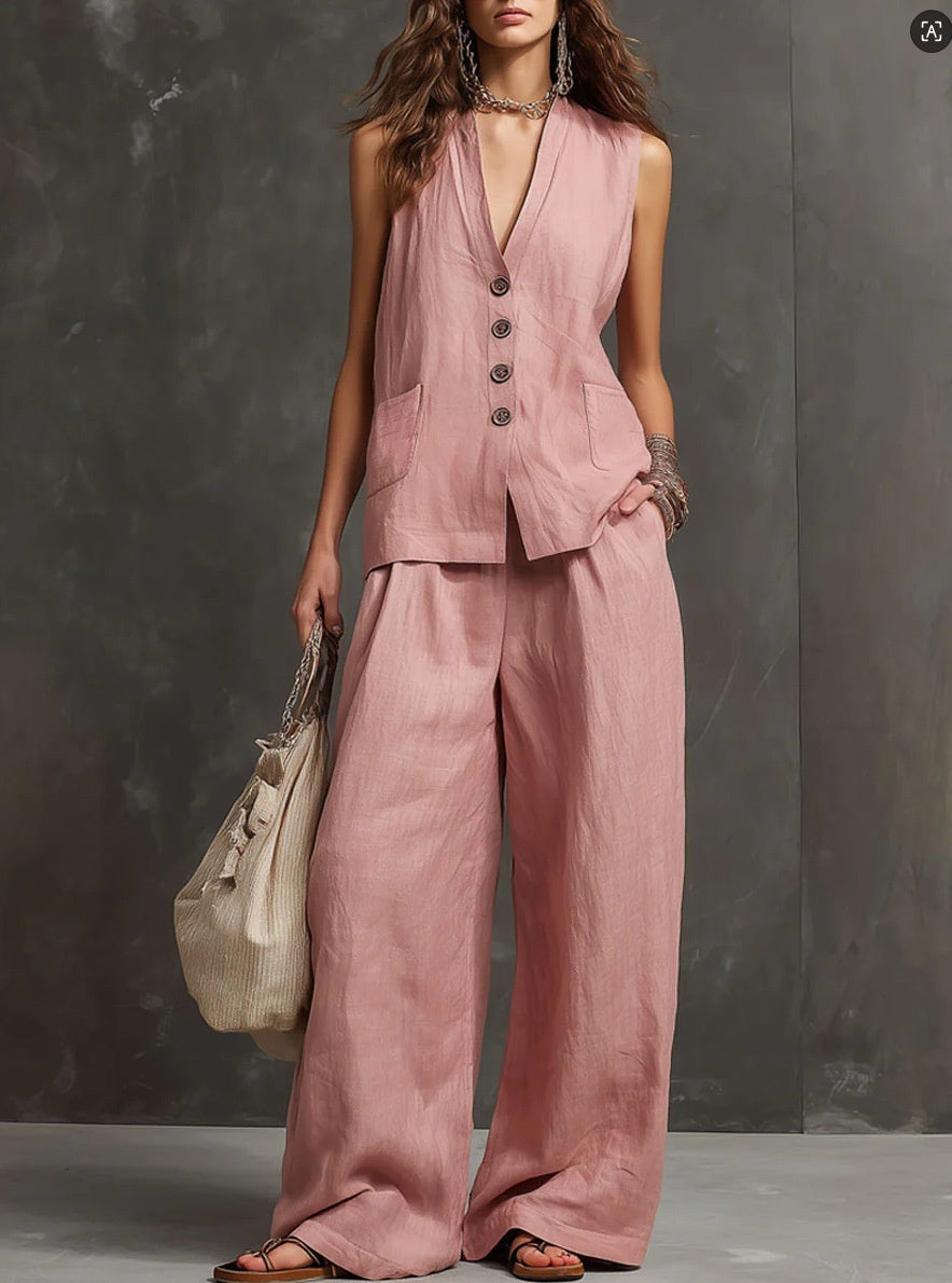 Women's Sleeveless Vest & Wide-Leg Pants Two-Piece Set – 10 Colors XS–3XL