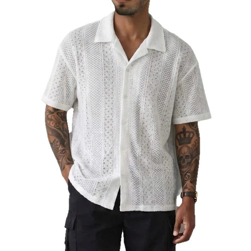 Old Money Style Cuban Collar Hollow Out Knitted Short Sleeve Shirt