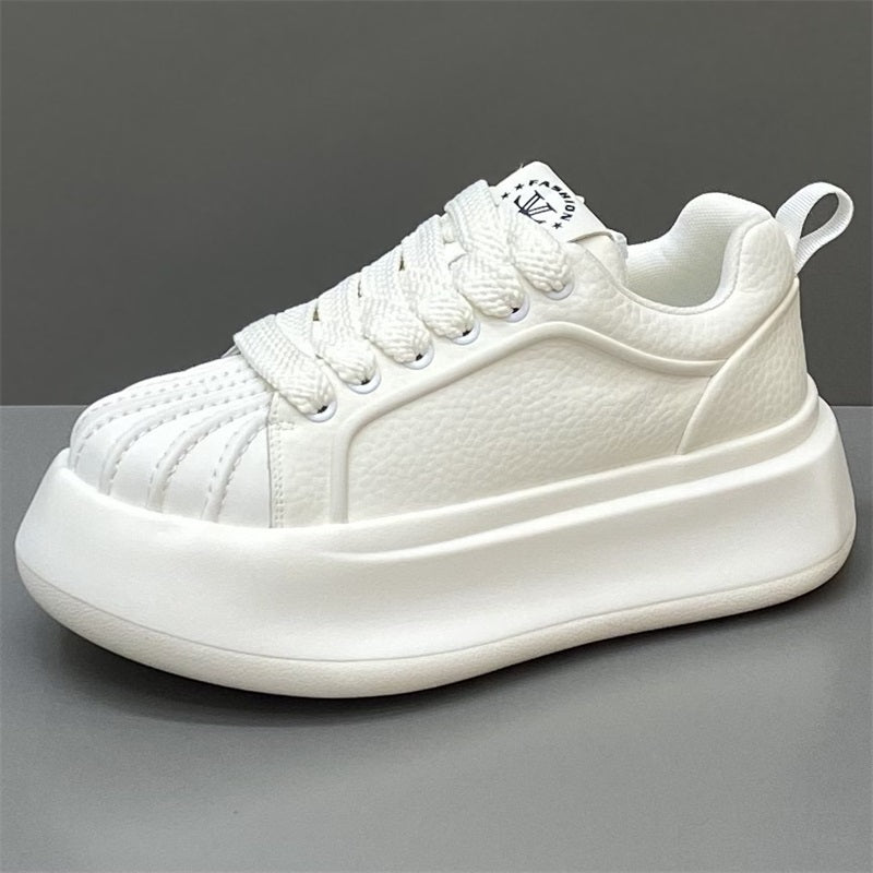 New Autumn Shell Toe Leather Sports Casual Skate Shoes, Versatile Thick Sole Low-top White Sneakers