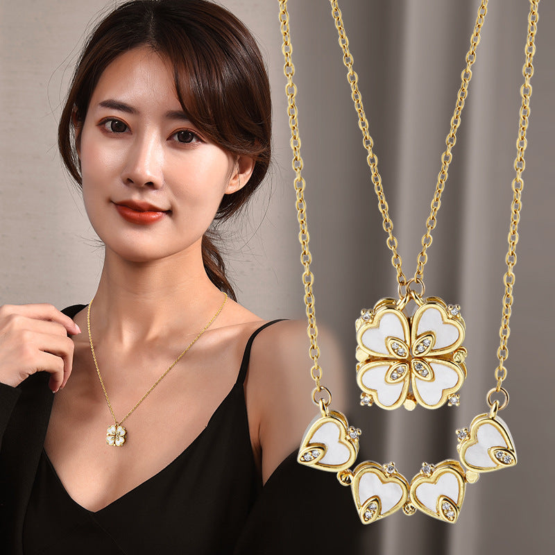 Magnetic Convertible Four Leaf Clover Necklace For Women, 4 Connected Heart Zircon Pendant Adjustable Sweater Chain, Dainty Elegant Fashion Jewelry