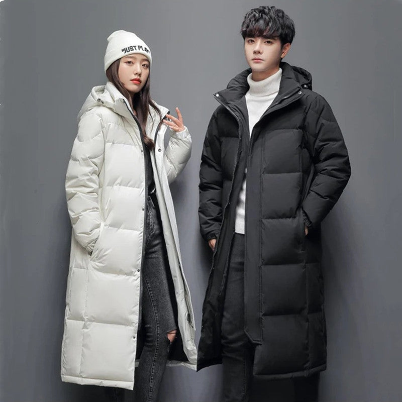 Mens Long Winter White Duck Down Hooded Coat That Goes Below The Knee