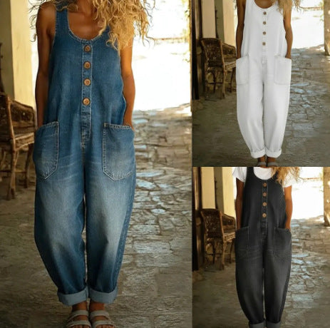 Retro Buckle Multi-Pocket Overalls Jumpsuit | 3/4 Sleeve