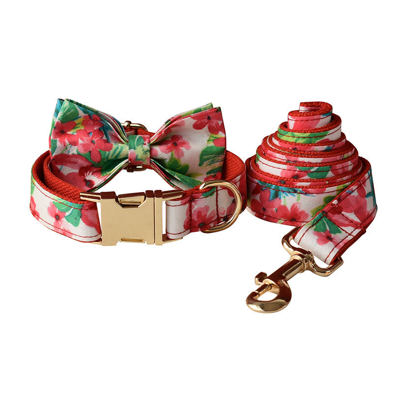 Red Floral Print Dog Leash Collar