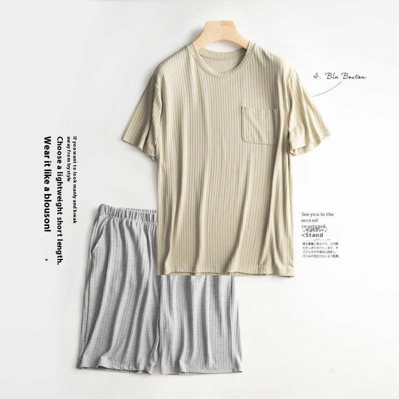Men's Home Wear Thin Summer T-shirt Half Sleeve Shorts Suit Skin-friendly